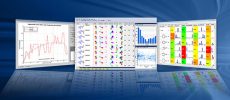 Three monitors display colorful ADMET Predictor data visuals: line graph, bar, and icon charts.