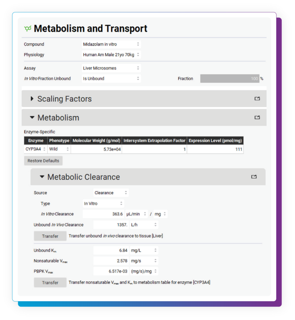 A GastroPlus screenshot shows Midazolam's nonlinear PK with enzyme data & metabolic clearance.