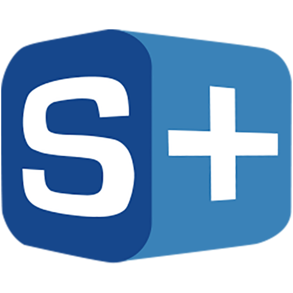 Simulations Plus logo: a big white "S" on navy, plus a white "+" on light blue background.