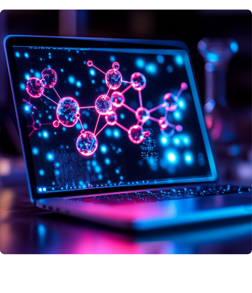 A laptop shows ADMET Predictor's CYP simulations of a molecular model in vibrant luminescent colors.