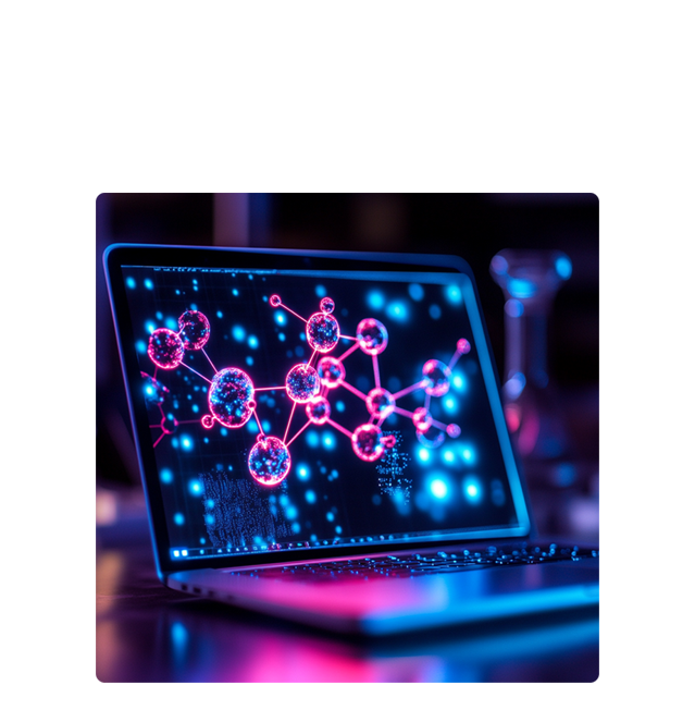 A laptop shows ADMET Predictor's CYP simulations of a molecular model in vibrant luminescent colors.