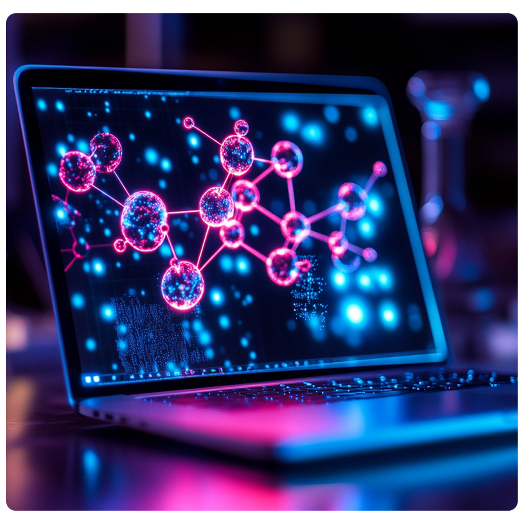 A laptop shows ADMET Predictor's CYP simulations of a molecular model in vibrant luminescent colors.