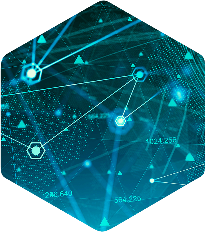 A hexagonal image featuring a digital network with interconnected points and lines in teal and blue over a dark background, symbolizing modeling and simulation data, ADMET, PBPK, QSP, & ClinPharm technology, and connectivity
